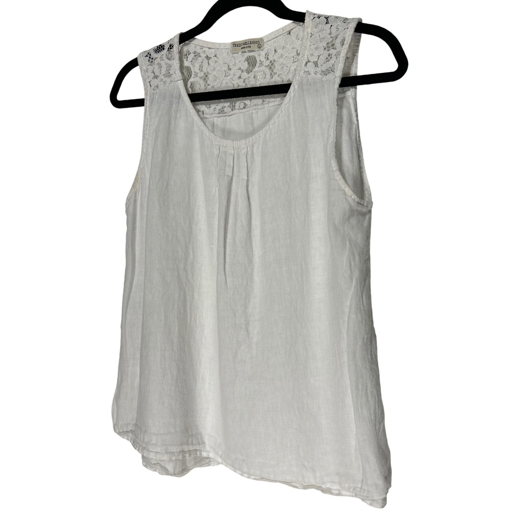 Terzo Millennio White Linen Lace Yoke Sleeveless Top Made in Italy Large